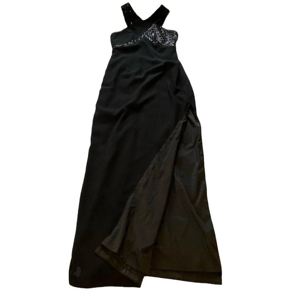 Aidan Mattox Black Maxi Dress Long Halter Sequins Side Slit Elegant Y2K Formal - Picture 1 of 16
